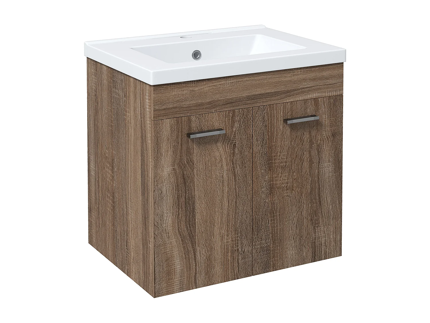 Meuble sous-vasque suspendu - vasque céramique incluse - 2 portes, étagère - dim. 60L x 45l x 60H cm - aspect bois