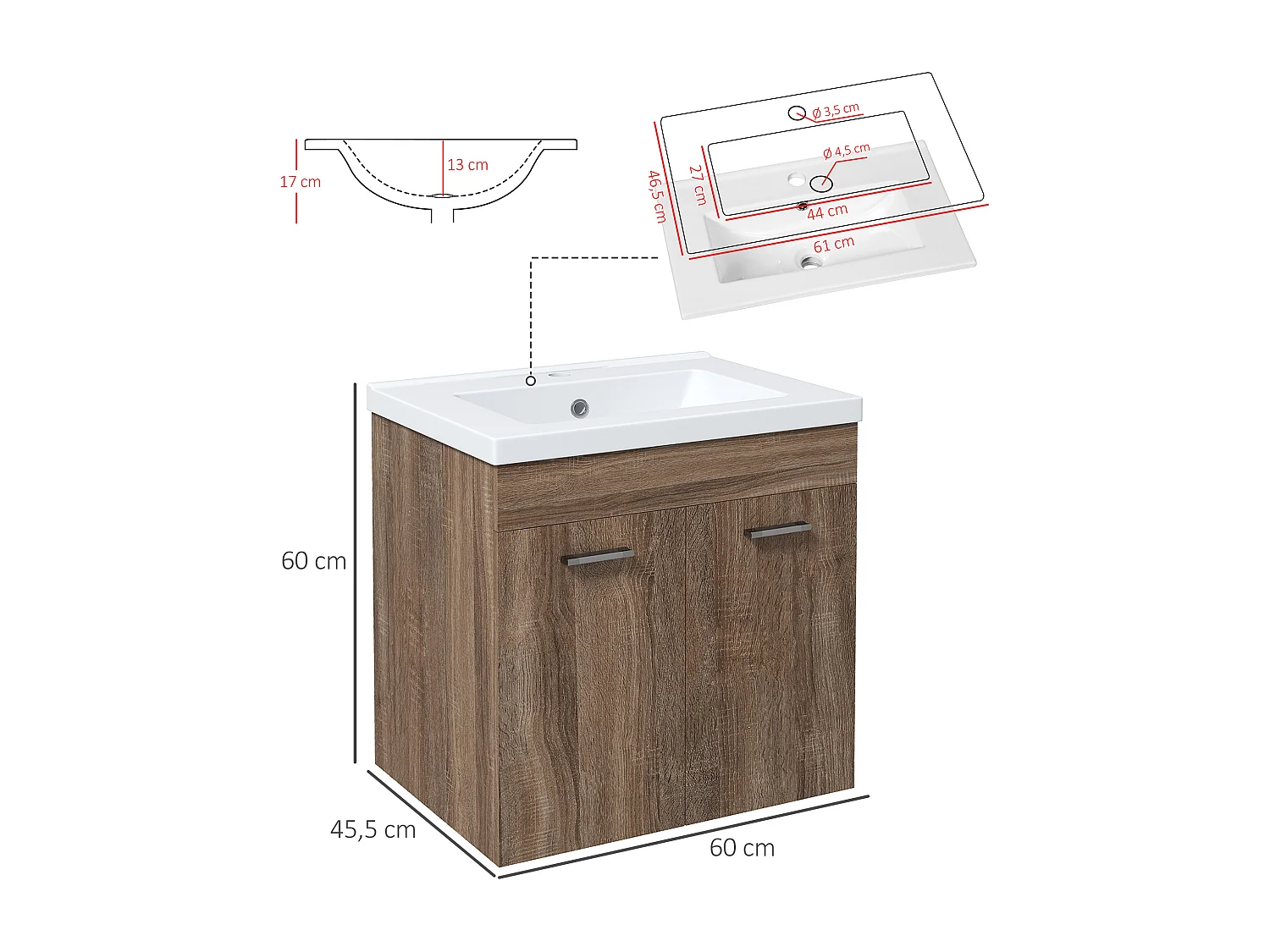 Meuble sous-vasque suspendu - vasque céramique incluse - 2 portes, étagère - dim. 60L x 45l x 60H cm - aspect bois