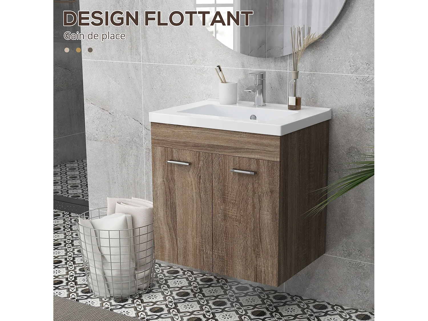 Meuble sous-vasque suspendu - vasque céramique incluse - 2 portes, étagère - dim. 60L x 45l x 60H cm - aspect bois