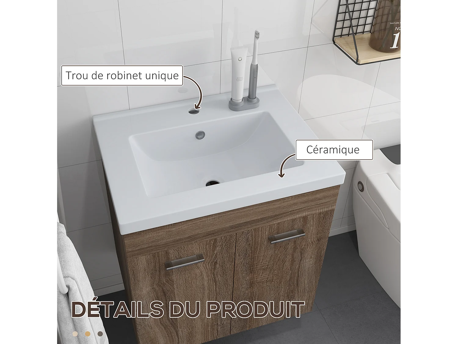 Meuble sous-vasque suspendu - vasque céramique incluse - 2 portes, étagère - dim. 60L x 45l x 60H cm - aspect bois