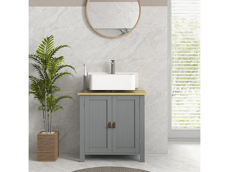 Meuble salle de bain sur pied - meuble sous-vasque - 2 portes, étagère - MDF panneaux aspect bois clair gris