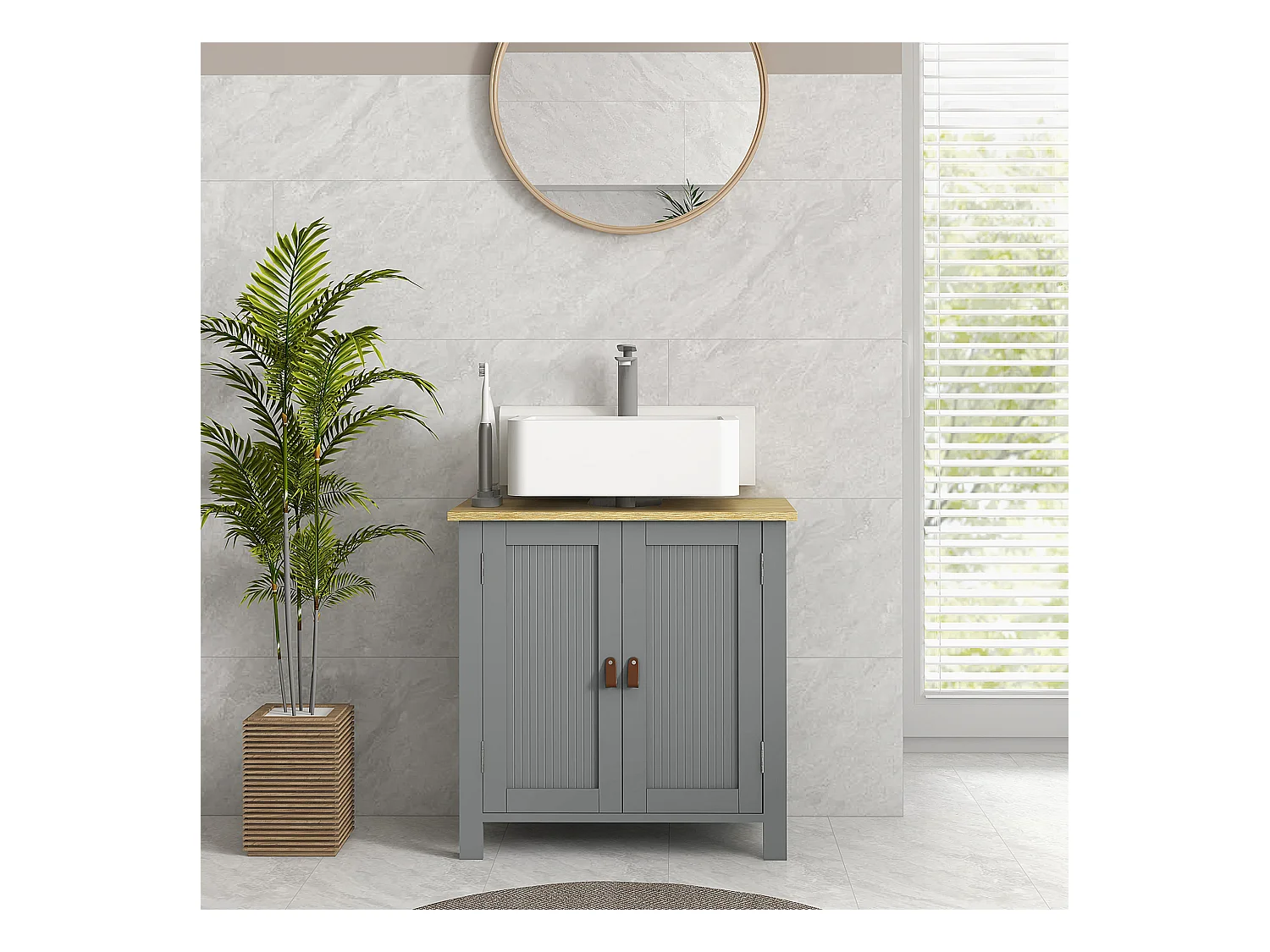 Meuble salle de bain sur pied - meuble sous-vasque - 2 portes, étagère - MDF panneaux aspect bois clair gris