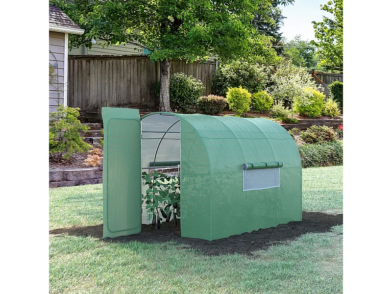 Serre de Jardin Tunnel 6 m² Acier galvanisé renforcé diamètre 2,5 cm + PE Haute densité fenêtres Porte Vert