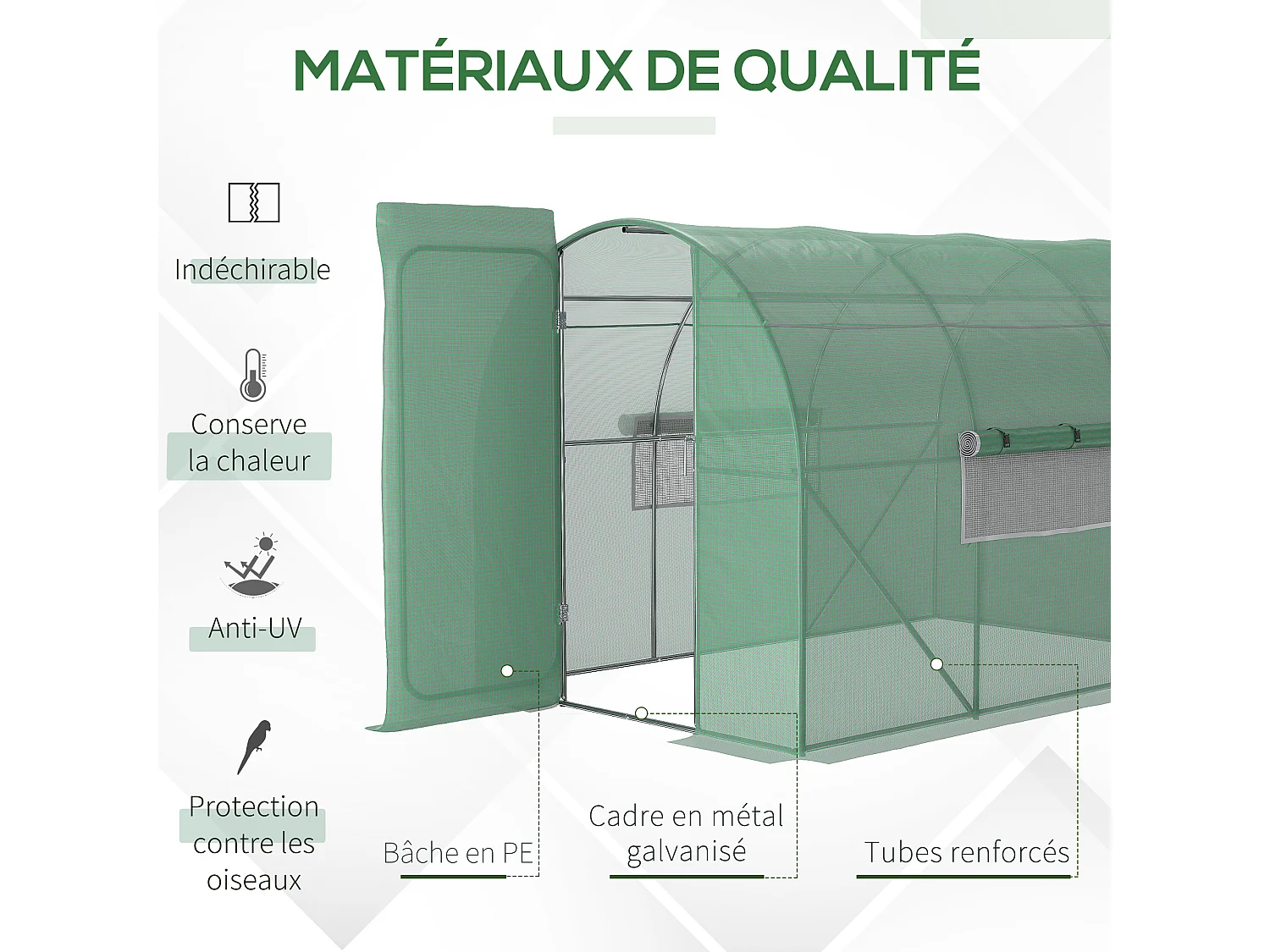 Serre de Jardin Tunnel 6 m² Acier galvanisé renforcé diamètre 2,5 cm + PE Haute densité fenêtres Porte Vert