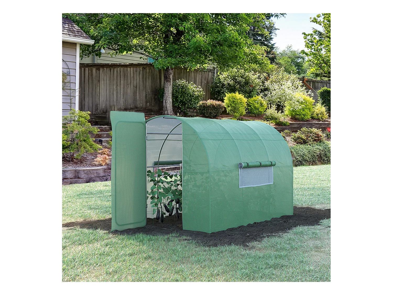 Serre de jardin tunnel acier galvanisé renforcé diamètre 2,4 cm + PE haute densité fenêtres porte vert
