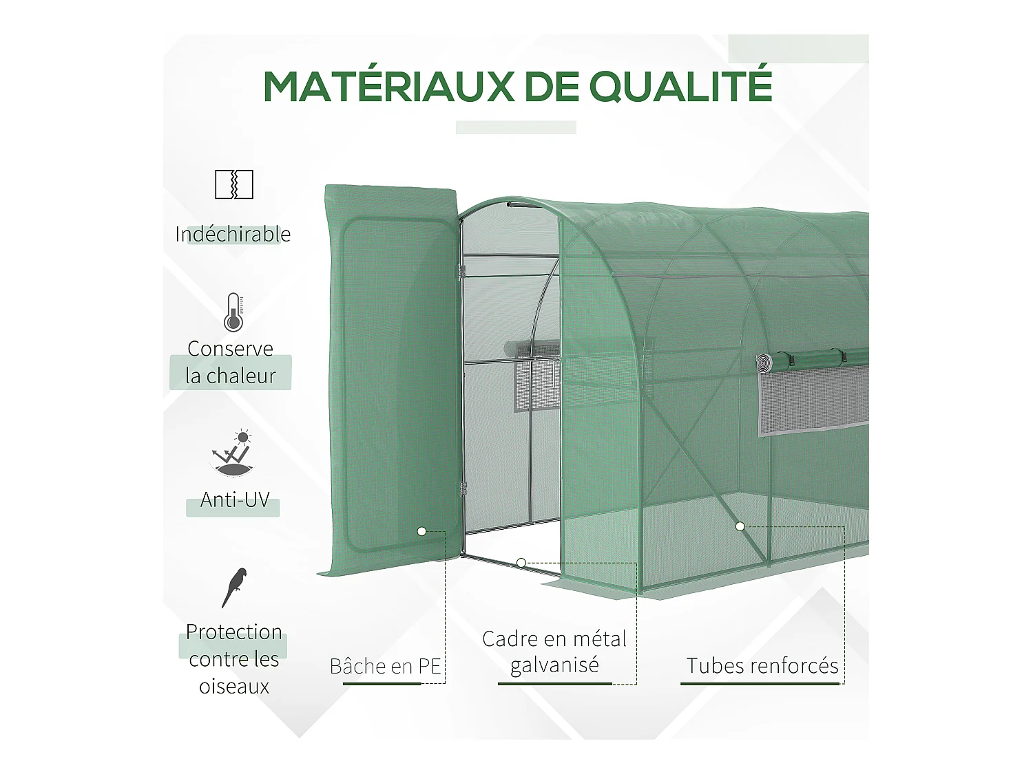 Serre de jardin tunnel acier galvanisé renforcé diamètre 2,4 cm + PE haute densité fenêtres porte vert