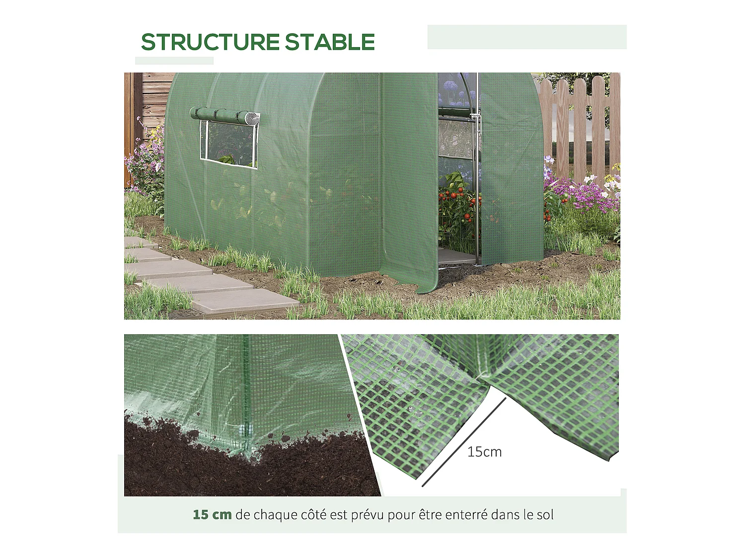 Serre de jardin tunnel acier galvanisé renforcé diamètre 2,4 cm + PE haute densité fenêtres porte vert