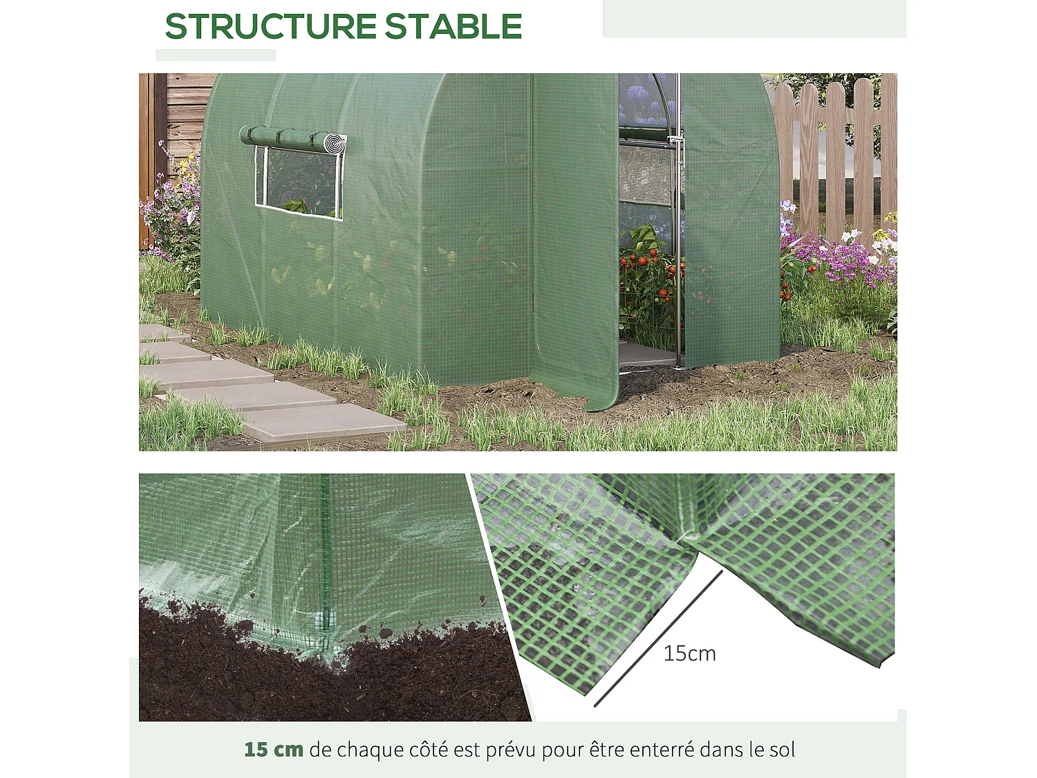Serre de Jardin Tunnel 6 m² Acier galvanisé renforcé diamètre 2,5 cm + PE Haute densité fenêtres Porte Vert