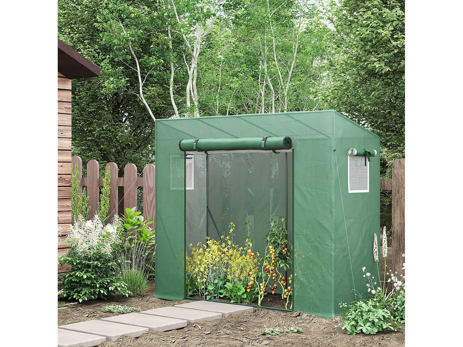 Serre de jardin balcon 1,54 m² - porte zippée enroulable, 2 fenêtres moustiquaires - acier PE haute densité anti-UV vert