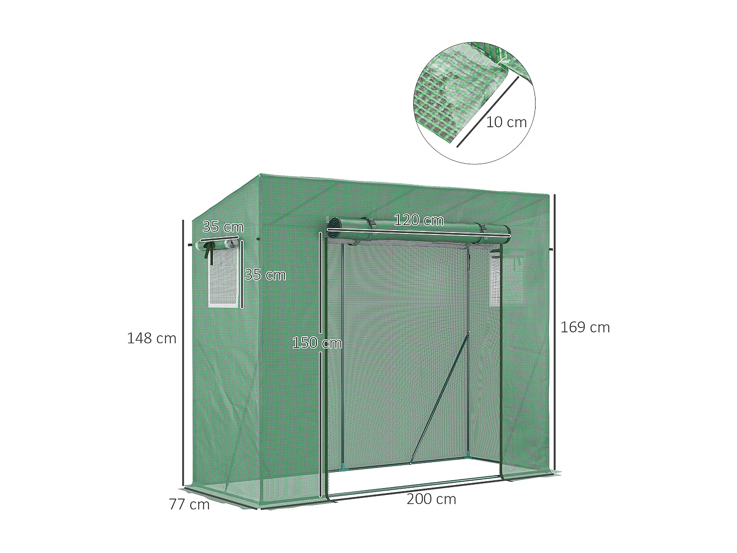 Serre de jardin balcon 1,54 m² - porte zippée enroulable, 2 fenêtres moustiquaires - acier PE haute densité anti-UV vert