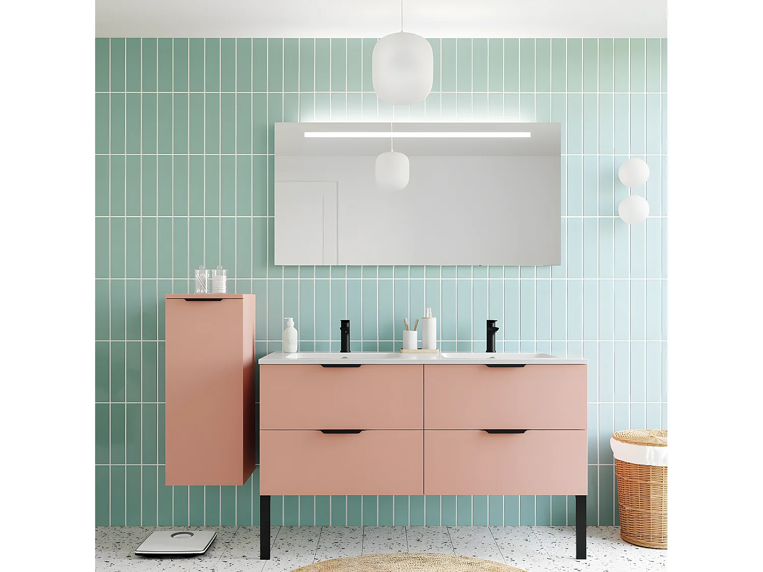 Meuble de salle de bain suspendu double vasque intégrée 140cm 4 tiroirs Abricot - Soho