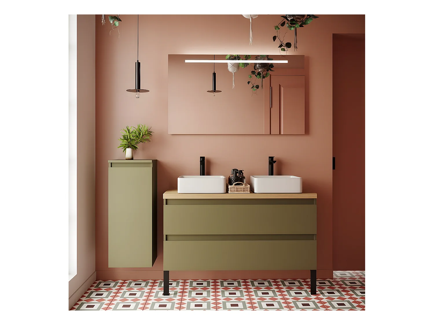 Meuble de salle de bain suspendu 2 vasques à poser 120cm 2 tiroirs Vert olive - Hudson