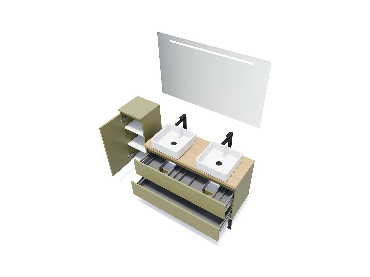 Meuble de salle de bain suspendu 2 vasques à poser 120cm 2 tiroirs Vert olive - Hudson
