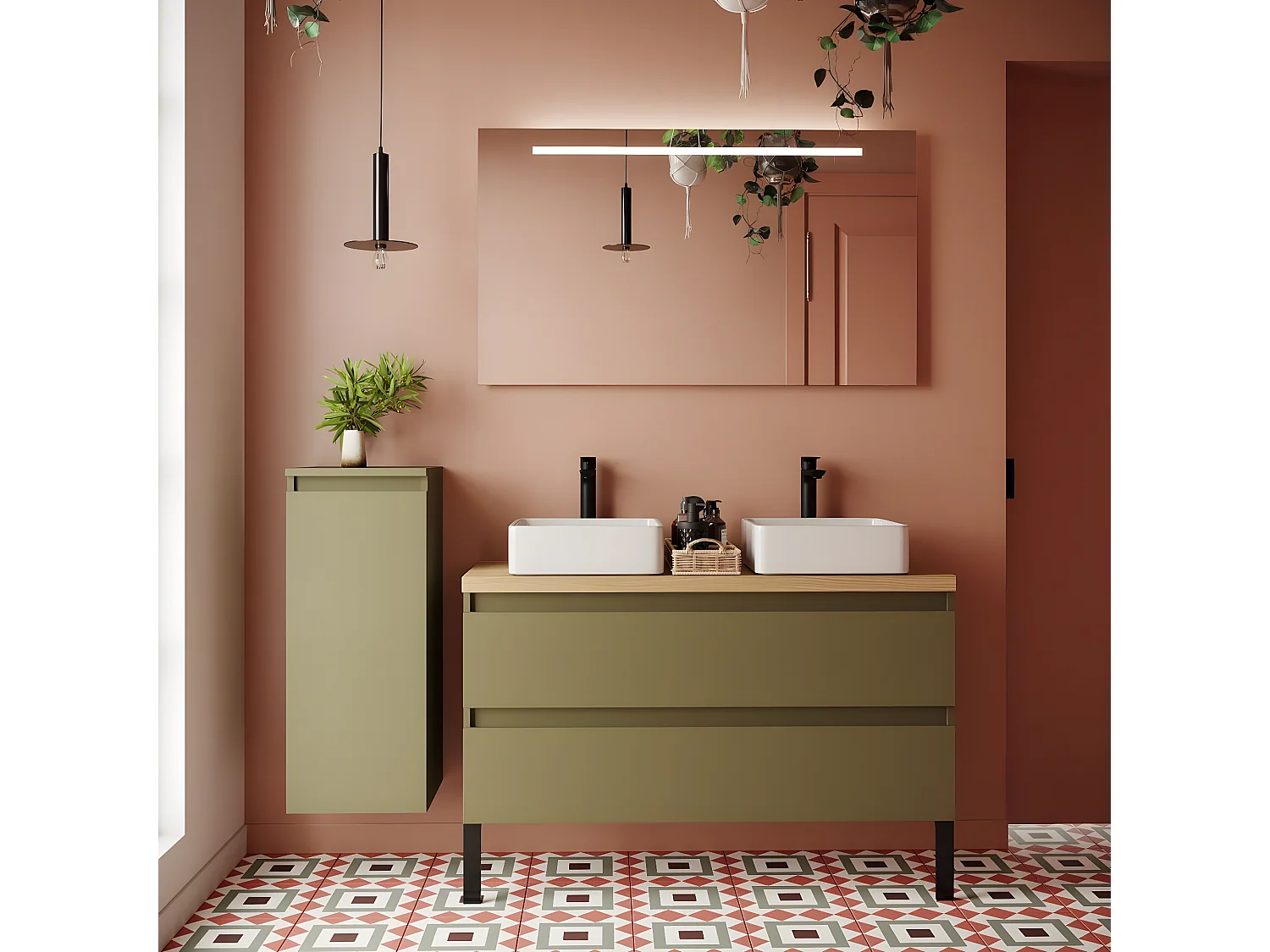 Meuble de salle de bain suspendu 2 vasques à poser 120cm 2 tiroirs Vert olive - Hudson