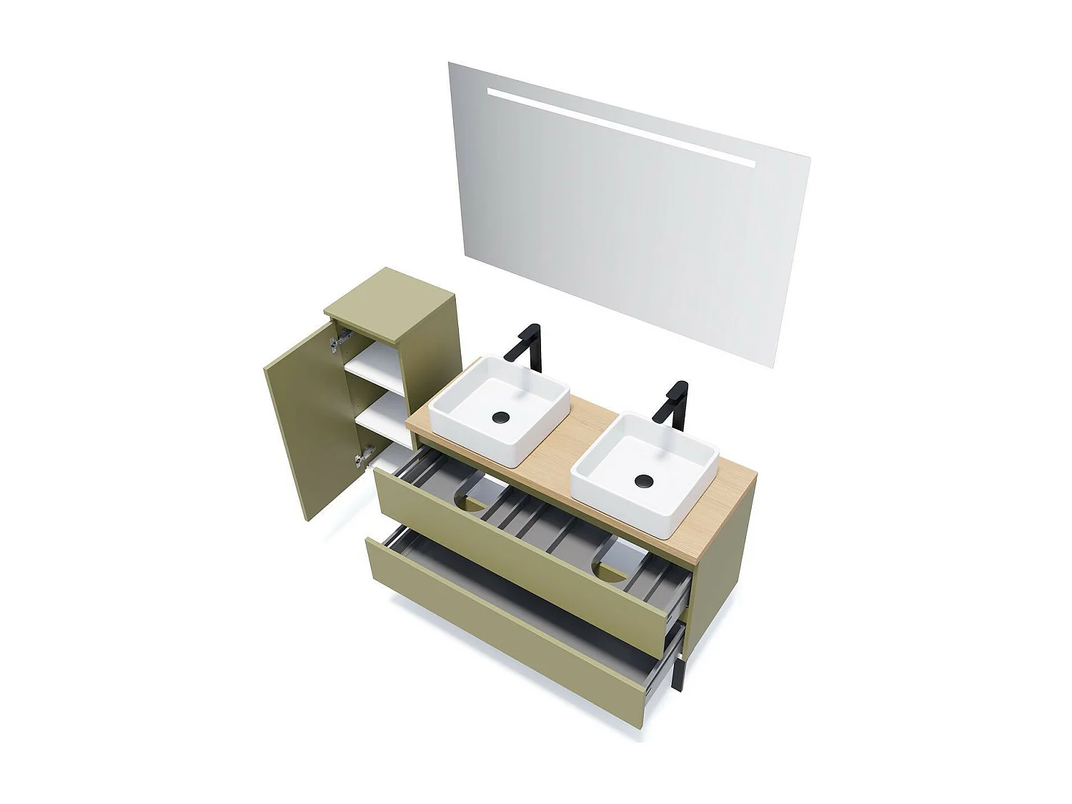 Meuble de salle de bain suspendu 2 vasques à poser 120cm 2 tiroirs Vert olive - Hudson