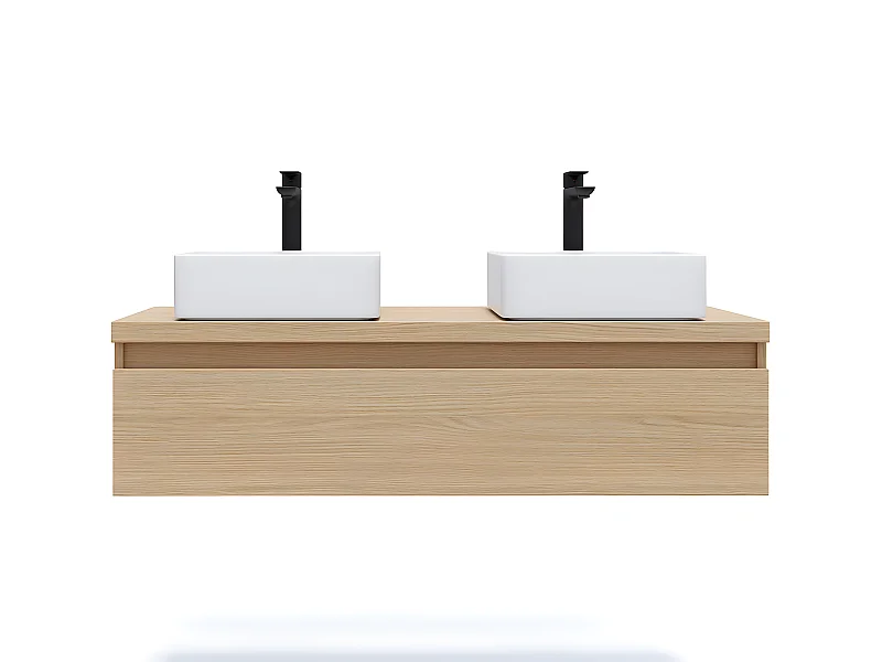 Meuble de salle de bain suspendu 2 vasques à poser 120cm 1 tiroir Chêne clair - Hudson