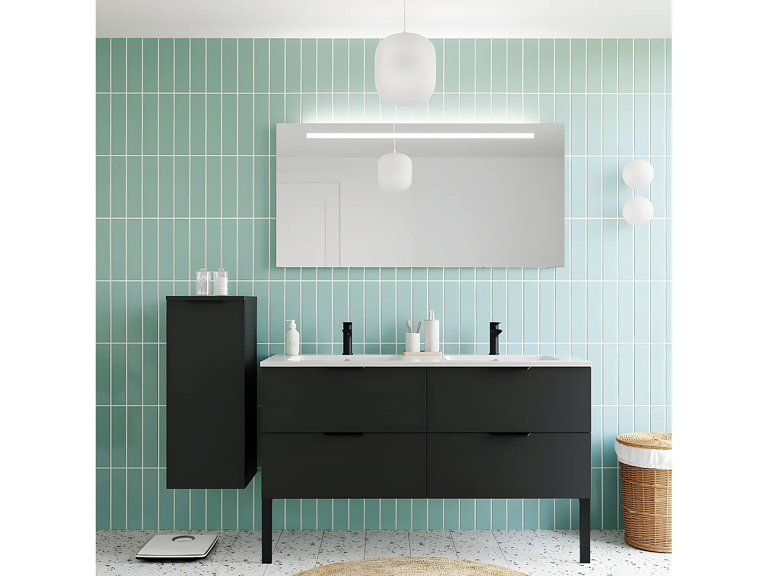 Meuble de salle de bain suspendu double vasque intégrée 140cm 4 tiroirs Noir - Soho