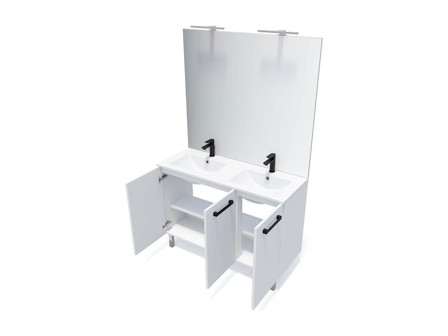 Meuble de salle de bain suspendu avec pieds double vasque intégrée 120cm 3 portes Blanc - Chelsea