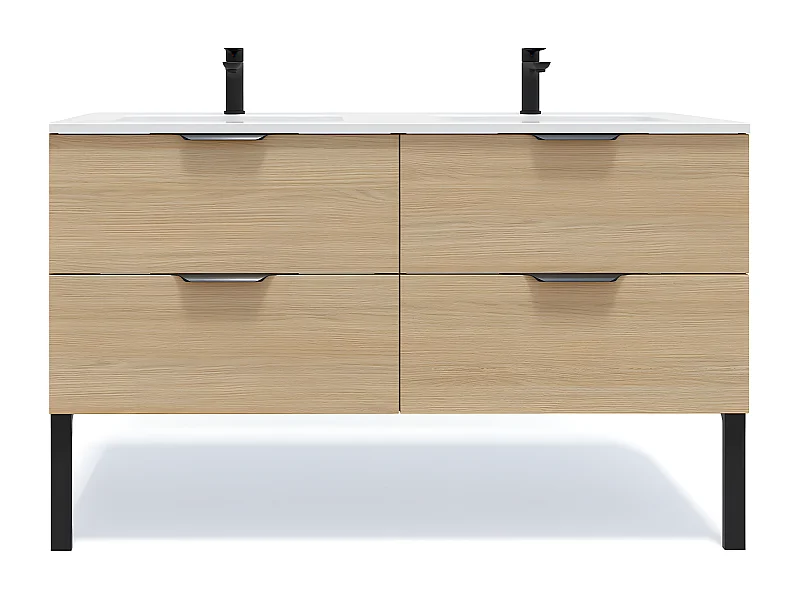 Meuble de salle de bain suspendu double vasque intégrée 140cm 4 tiroirs Chêne clair - Soho