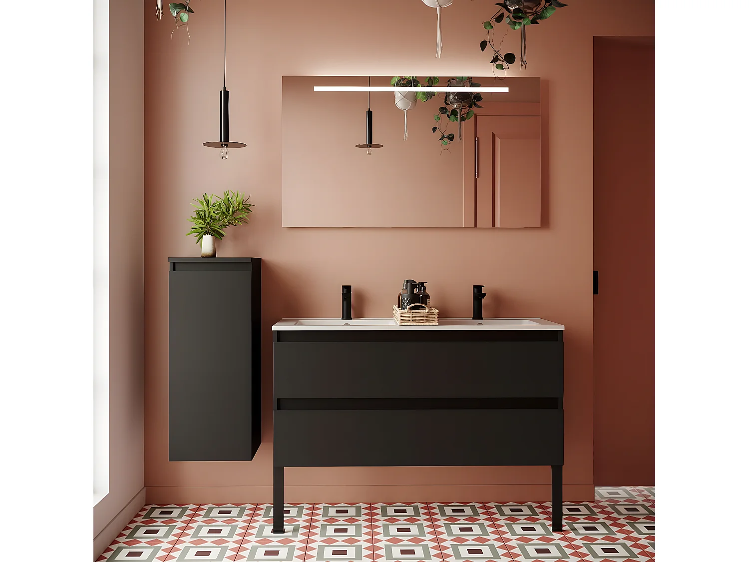 Meuble de salle de bain suspendu double vasque intégrée 120cm 2 tiroirs Noir - Hudson