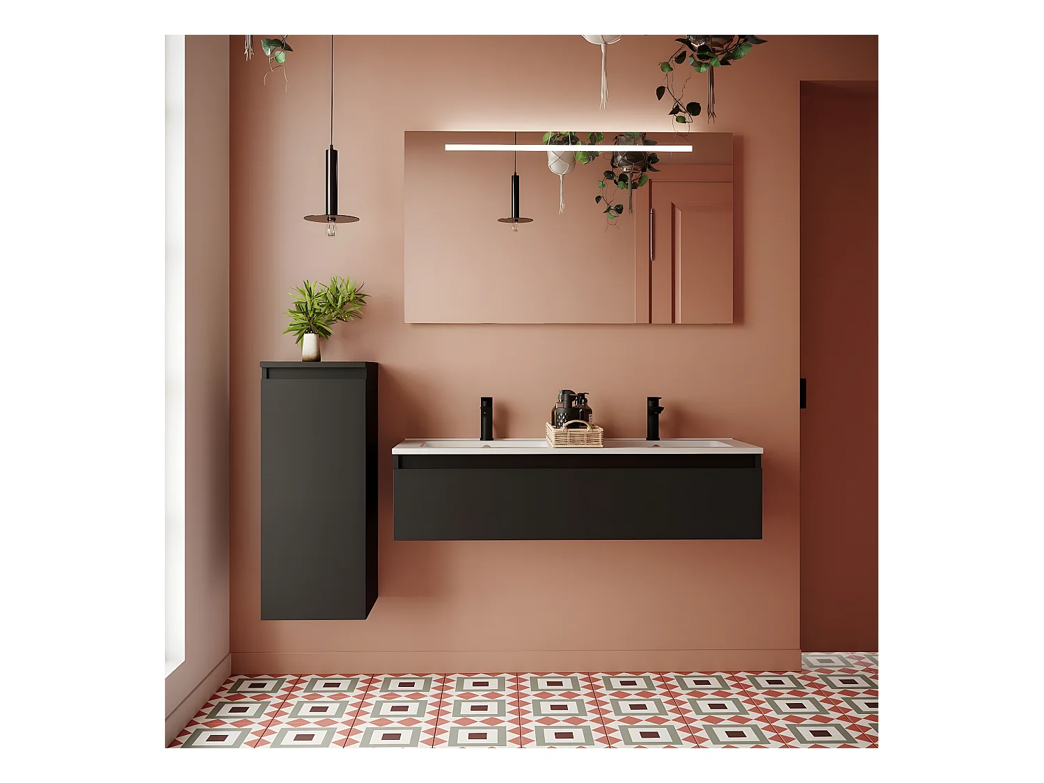 Meuble de salle de bain suspendu double vasque intégrée 120cm 1 tiroir Noir - Hudson