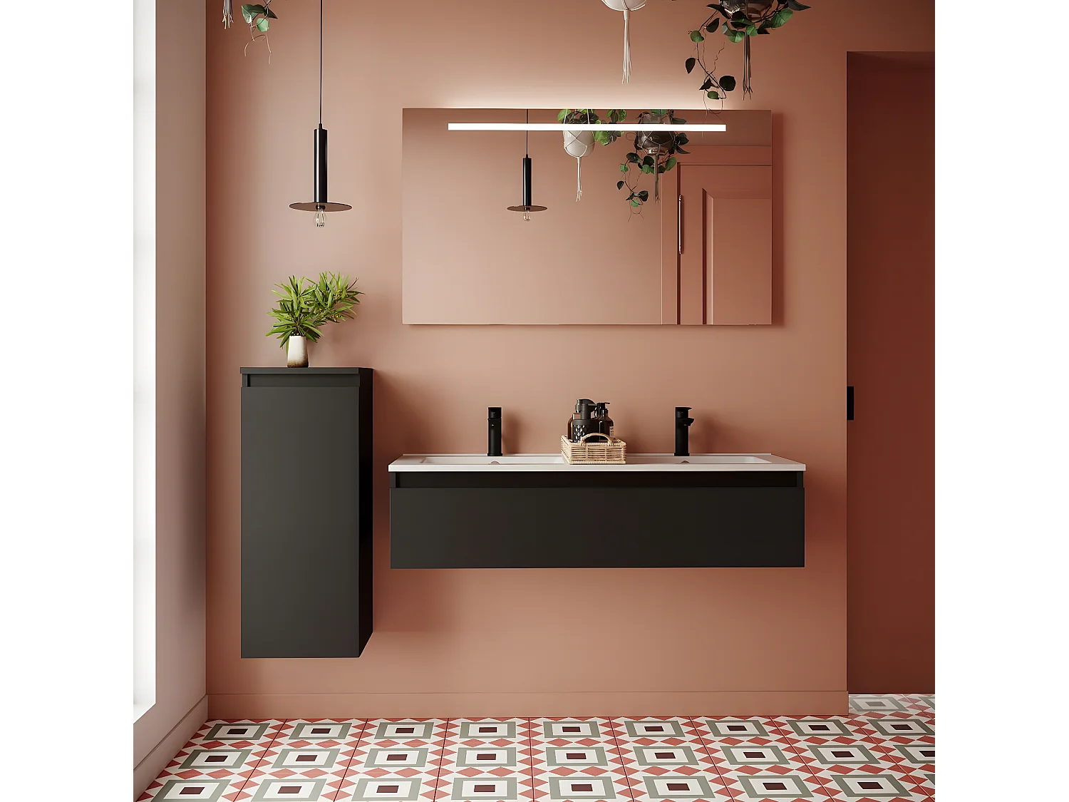 Meuble de salle de bain suspendu double vasque intégrée 120cm 1 tiroir Noir - Hudson