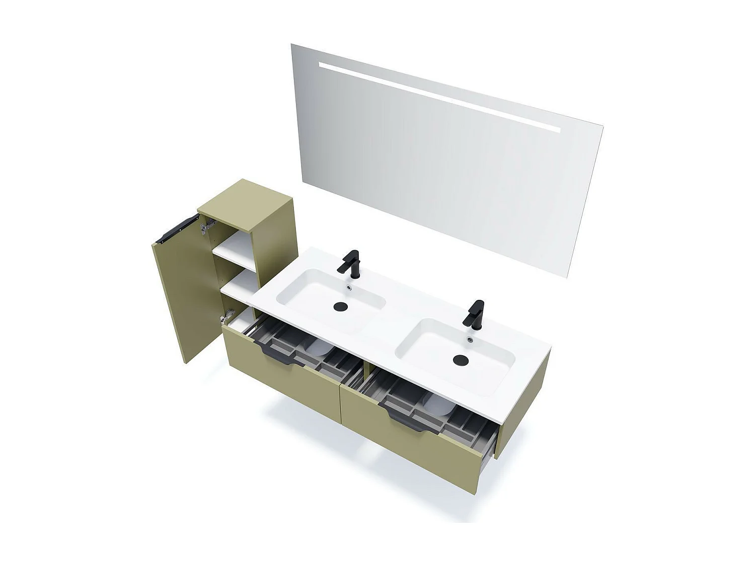 Meuble de salle de bain suspendu double vasque intégrée 140cm 2 tiroirs Vert olive - Soho