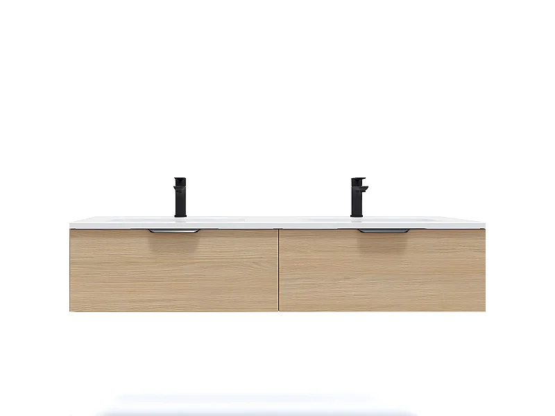Meuble de salle de bain suspendu double vasque intégrée 140cm 2 tiroirs Chêne clair - Soho