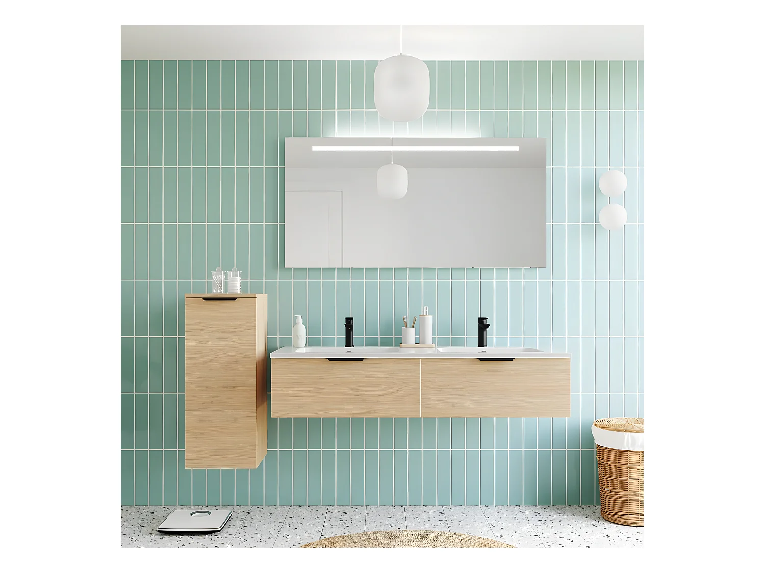 Meuble de salle de bain suspendu double vasque intégrée 140cm 2 tiroirs Chêne clair - Soho