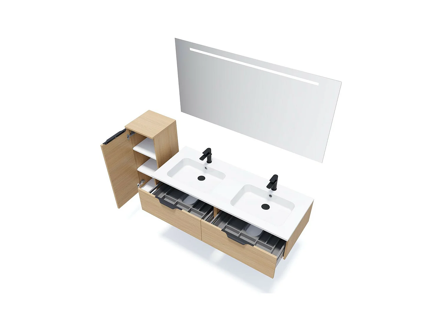 Meuble de salle de bain suspendu double vasque intégrée 140cm 2 tiroirs Chêne clair - Soho