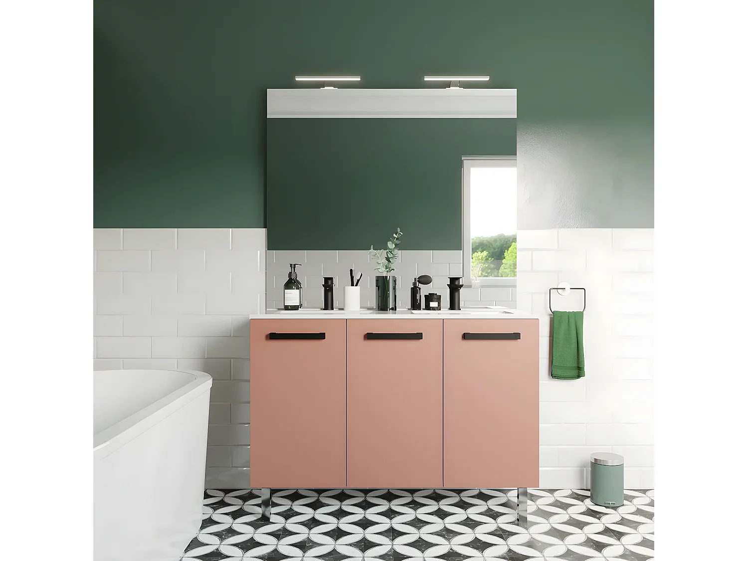 Meuble de salle de bain suspendu avec pieds double vasque intégrée 120cm 3 portes Abricot - Chelsea