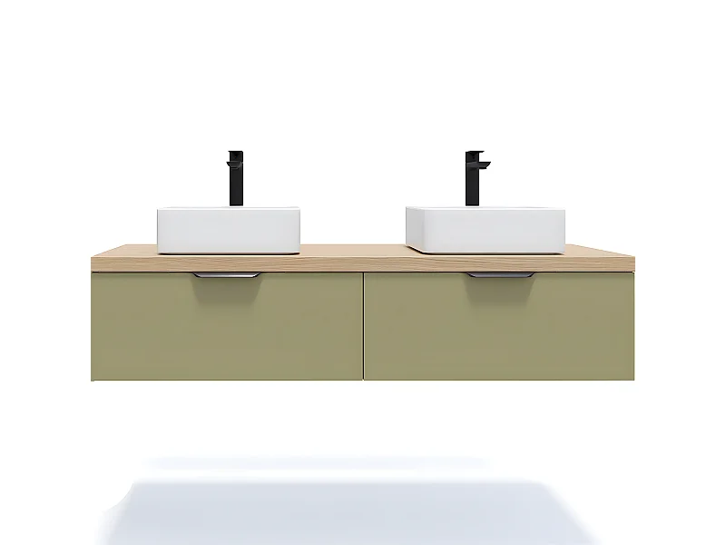 Meuble de salle de bain suspendu 2 vasques à poser 140cm 2 tiroirs Vert olive - Soho