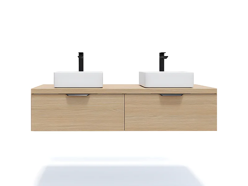 Meuble de salle de bain suspendu 2 vasques à poser 140cm 2 tiroirs Chêne clair - Soho