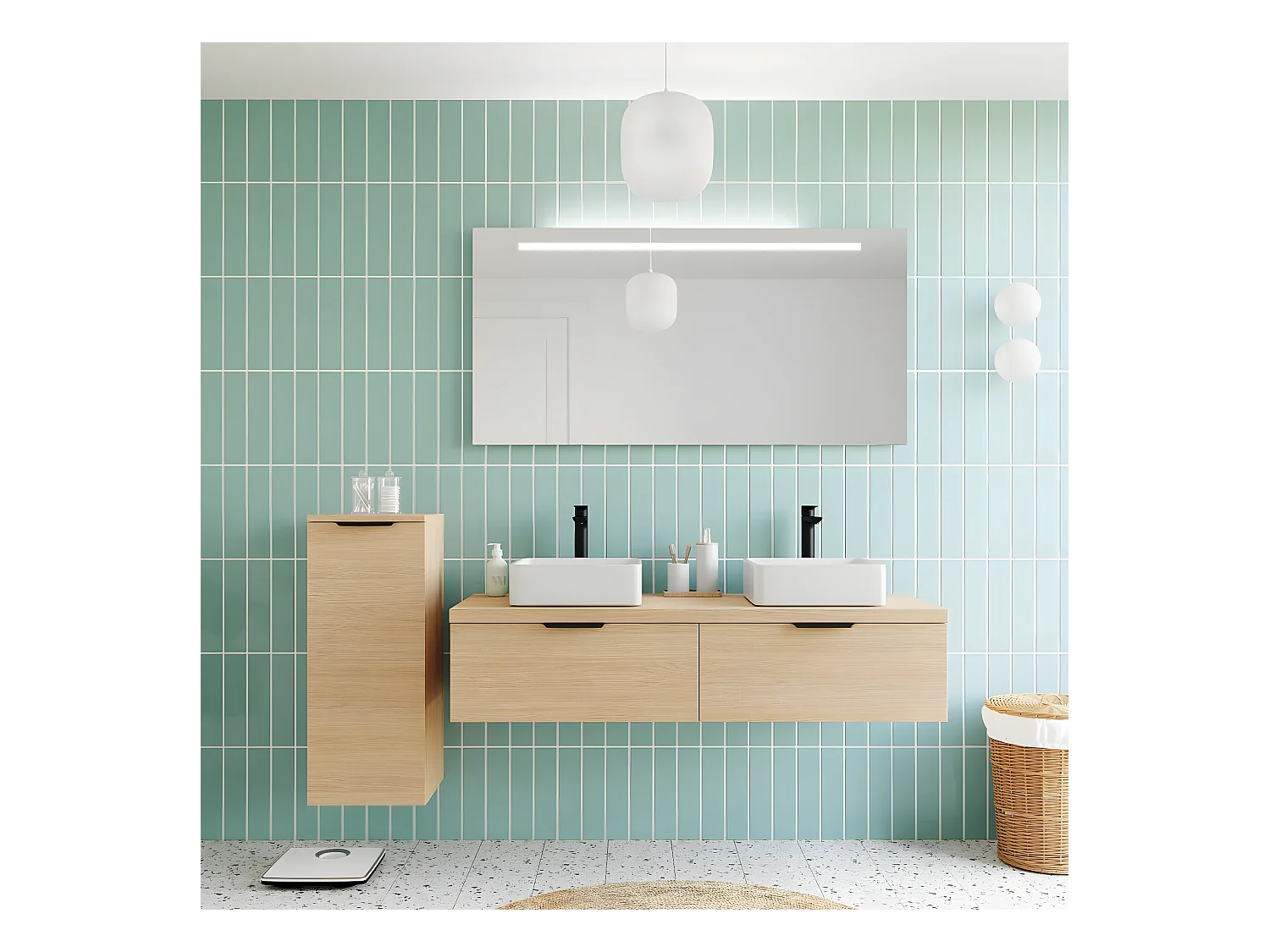 Meuble de salle de bain suspendu 2 vasques à poser 140cm 2 tiroirs Chêne clair - Soho