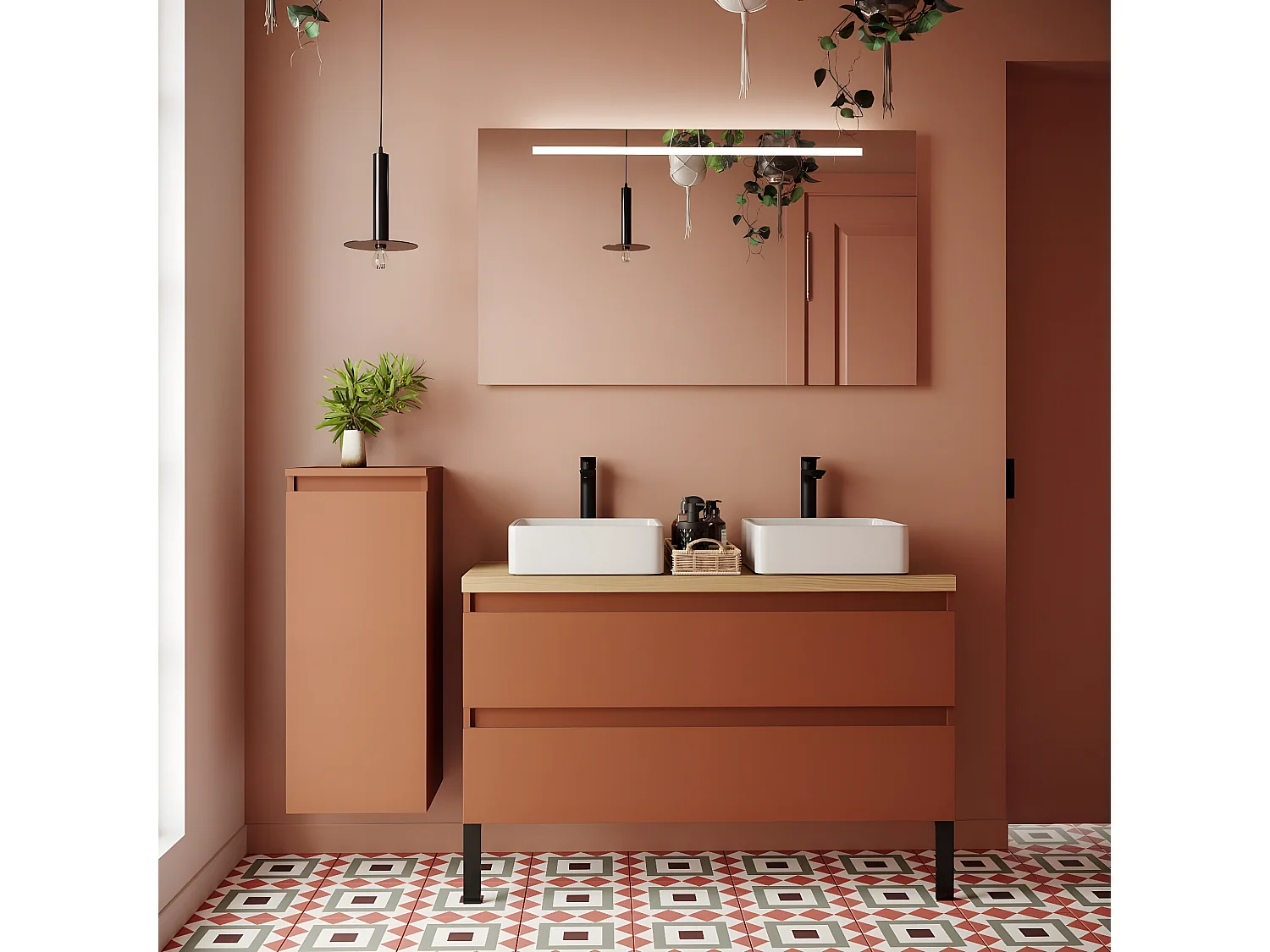 Meuble de salle de bain suspendu 2 vasques à poser 120cm 2 tiroirs Terracotta - Hudson