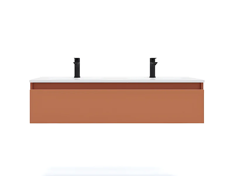 Meuble de salle de bain suspendu double vasque intégrée 120cm 1 tiroir Terracotta - Hudson