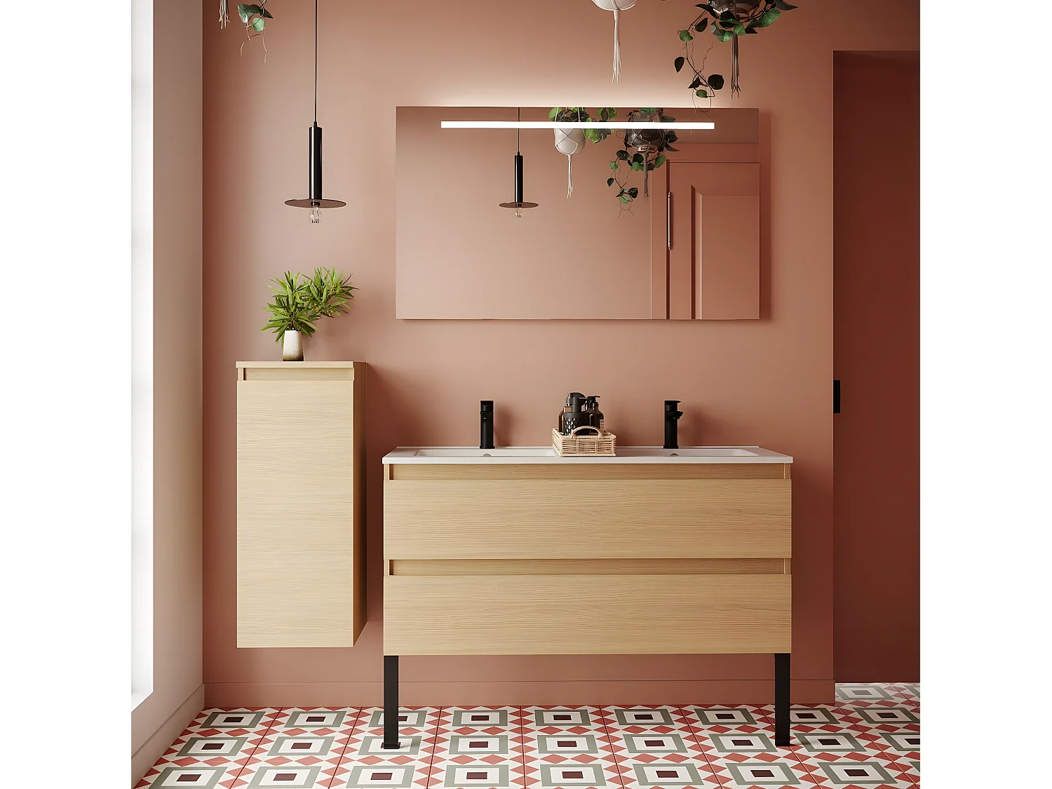 Meuble de salle de bain suspendu double vasque intégrée 120cm 2 tiroirs Chêne clair - Hudson