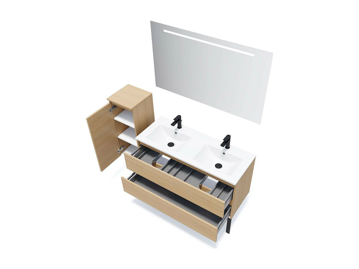 Meuble de salle de bain suspendu double vasque intégrée 120cm 2 tiroirs Chêne clair - Hudson