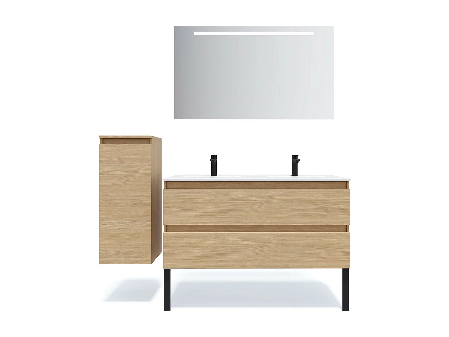 Meuble de salle de bain suspendu double vasque intégrée 120cm 2 tiroirs Chêne clair - Hudson