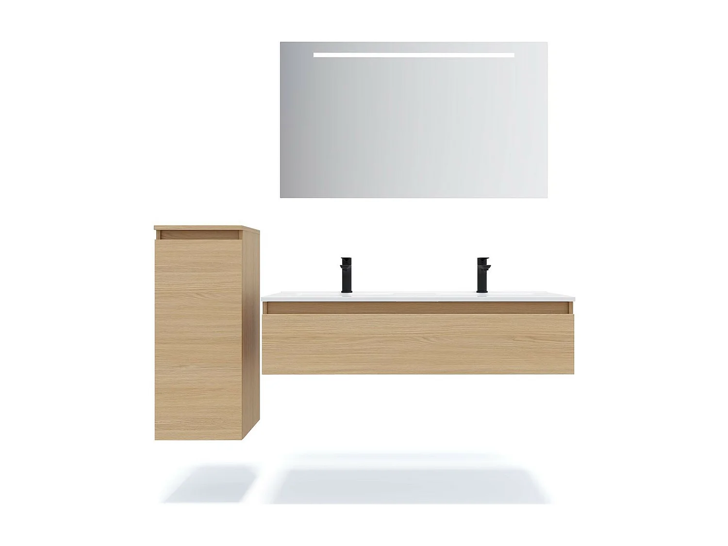 Meuble de salle de bain suspendu double vasque intégrée 120cm 1 tiroir Chêne clair - Hudson