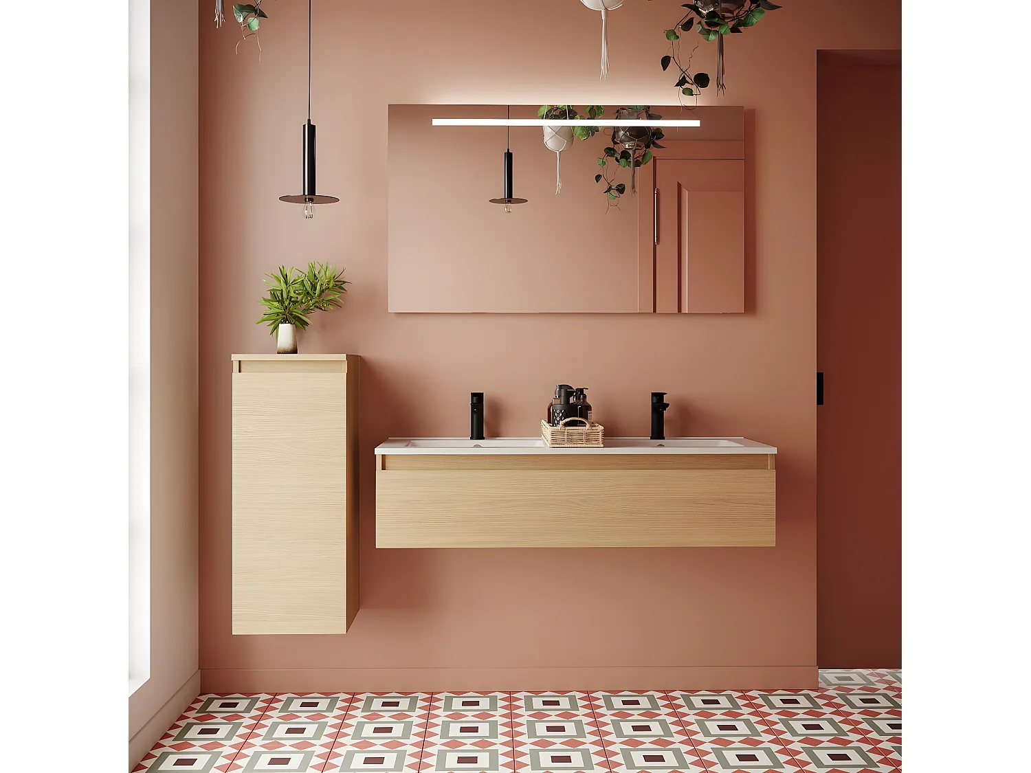 Meuble de salle de bain suspendu double vasque intégrée 120cm 1 tiroir Chêne clair - Hudson