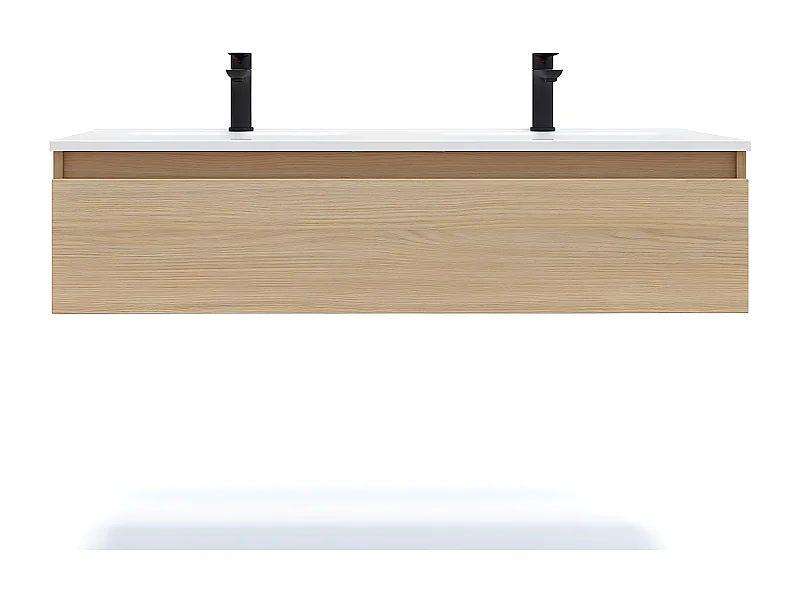 Meuble de salle de bain suspendu double vasque intégrée 120cm 1 tiroir Chêne clair - Hudson
