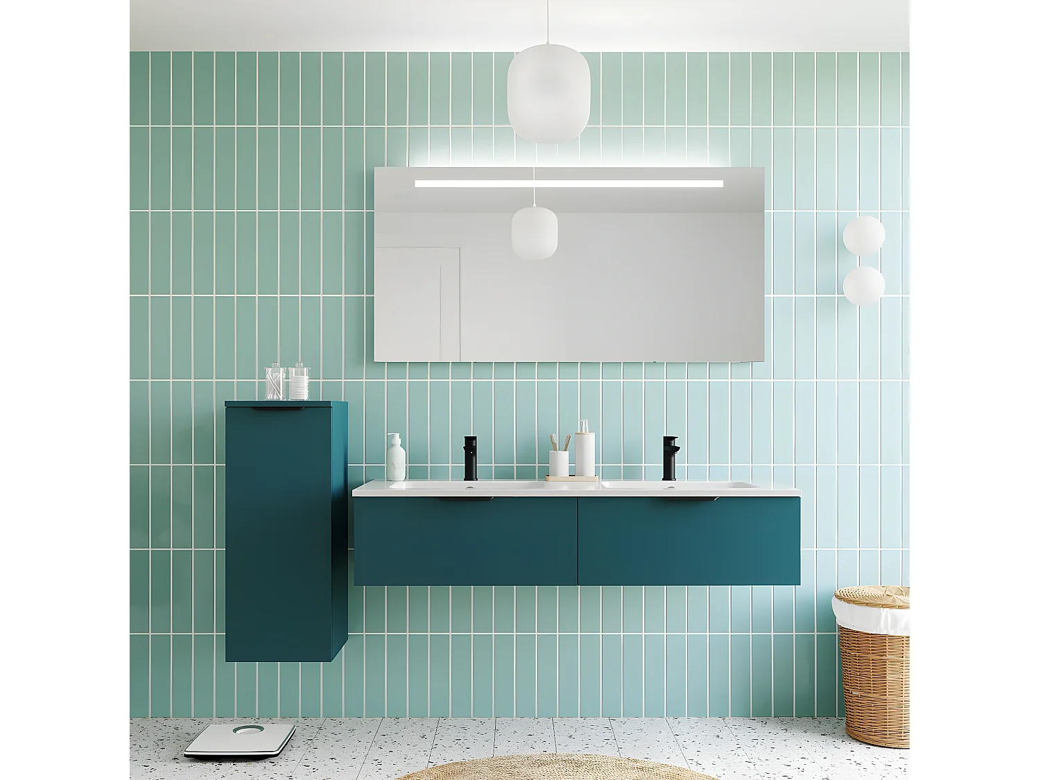 Meuble de salle de bain suspendu double vasque intégrée 140cm 2 tiroirs Bleu - Soho