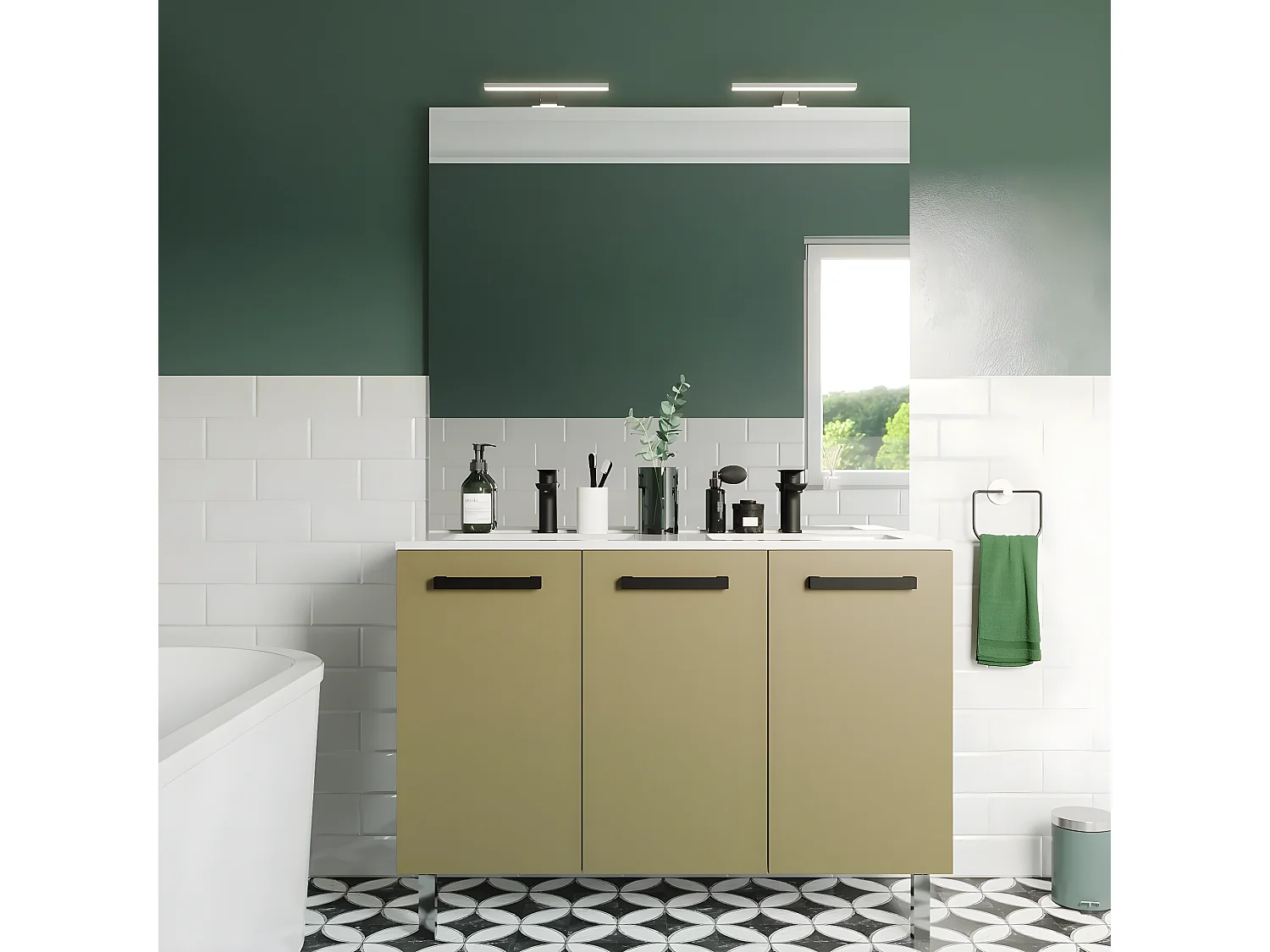 Meuble de salle de bain suspendu avec pieds double vasque intégrée 120cm 3 portes Vert olive - Chelsea