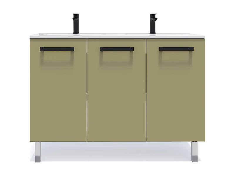 Meuble de salle de bain suspendu avec pieds double vasque intégrée 120cm 3 portes Vert olive - Chelsea