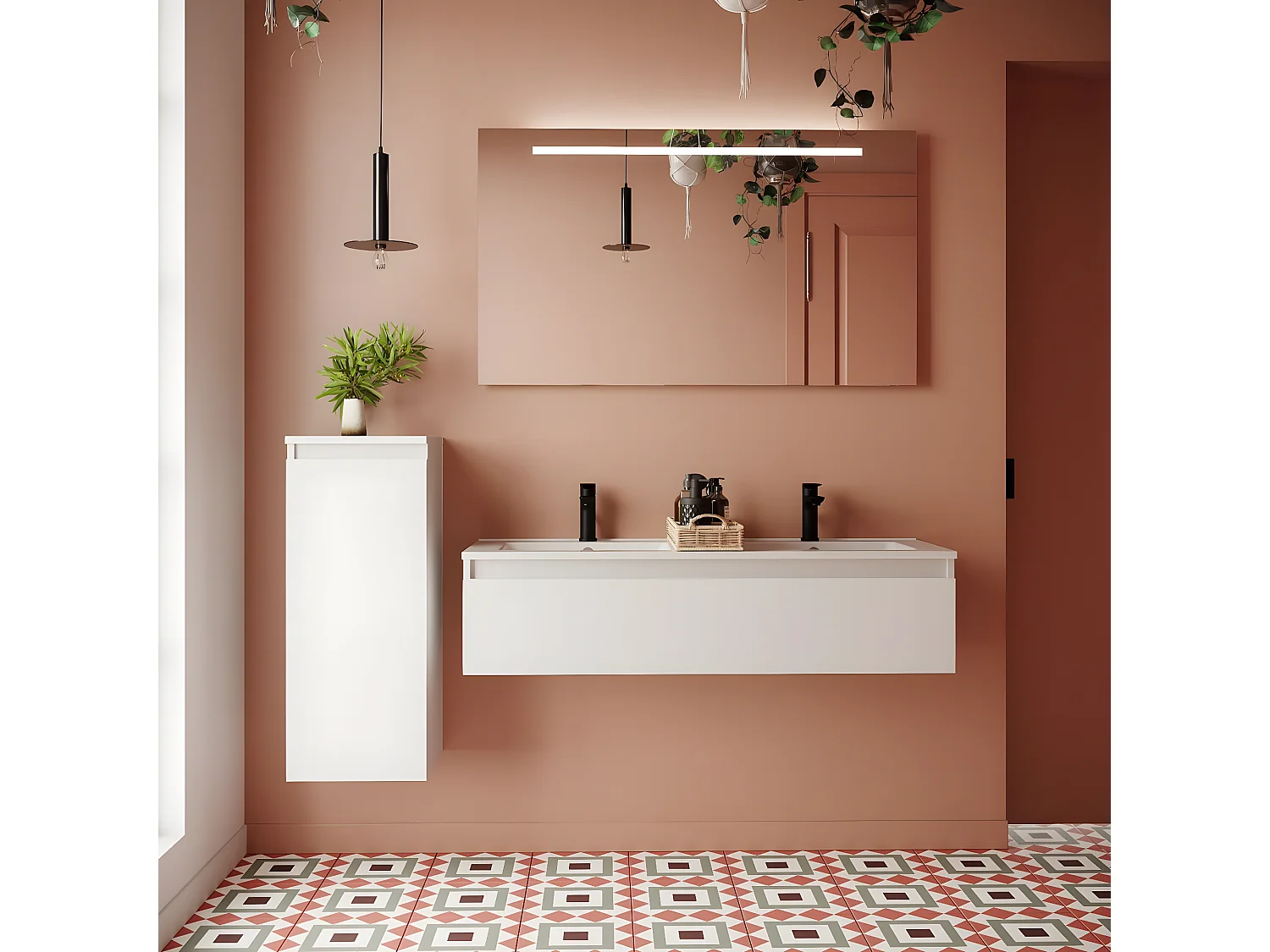 Meuble de salle de bain suspendu double vasque intégrée 120cm 1 tiroir Blanc - Hudson