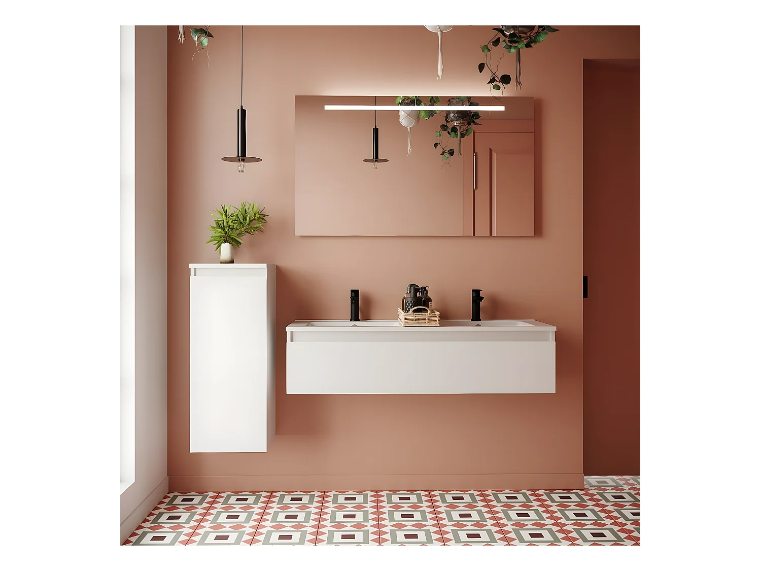 Meuble de salle de bain suspendu double vasque intégrée 120cm 1 tiroir Blanc - Hudson