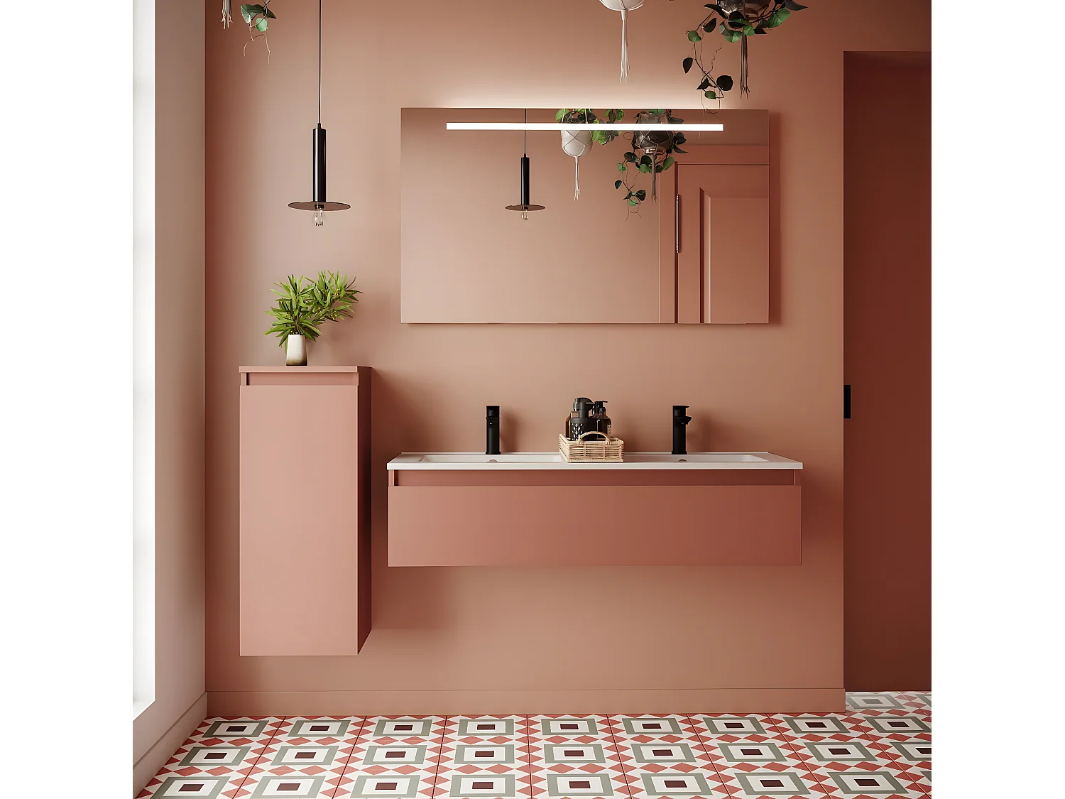 Meuble de salle de bain suspendu double vasque intégrée 120cm 1 tiroir Abricot - Hudson