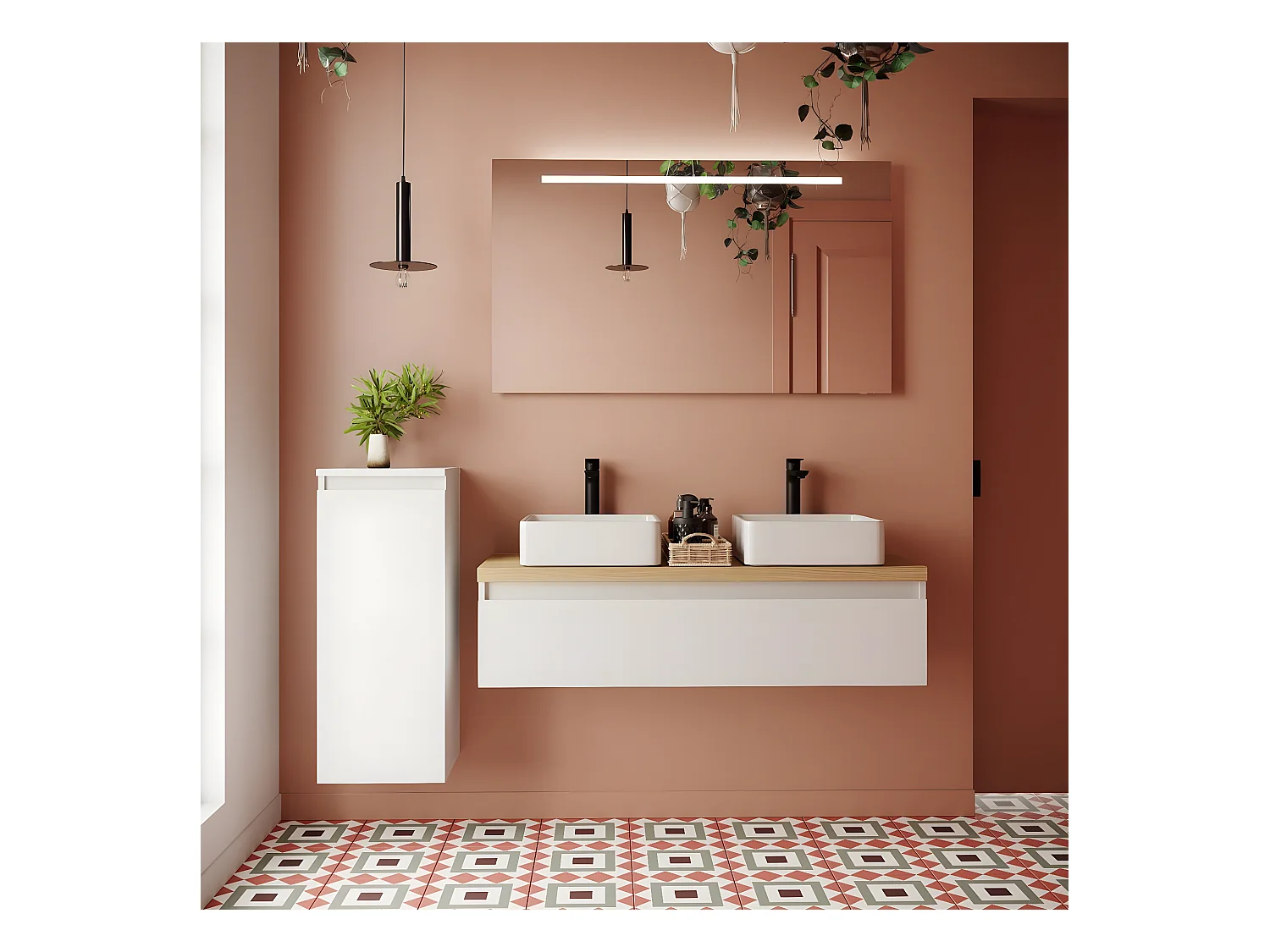 Meuble de salle de bain suspendu 2 vasques à poser 120cm 1 tiroir Blanc - Hudson