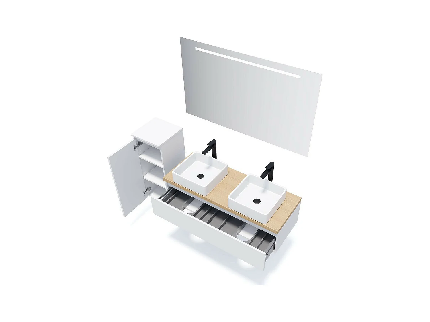 Meuble de salle de bain suspendu 2 vasques à poser 120cm 1 tiroir Blanc - Hudson